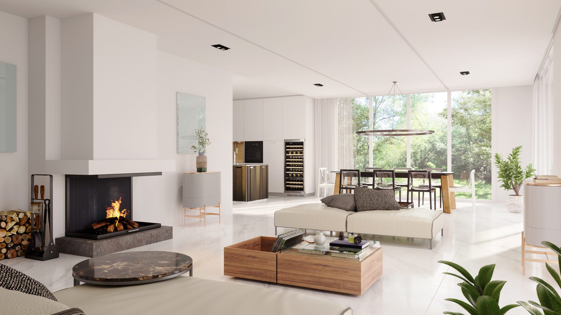 Modern white interior design with fireplace and beautiful backyard view Modern living room with fireplace and dining area.