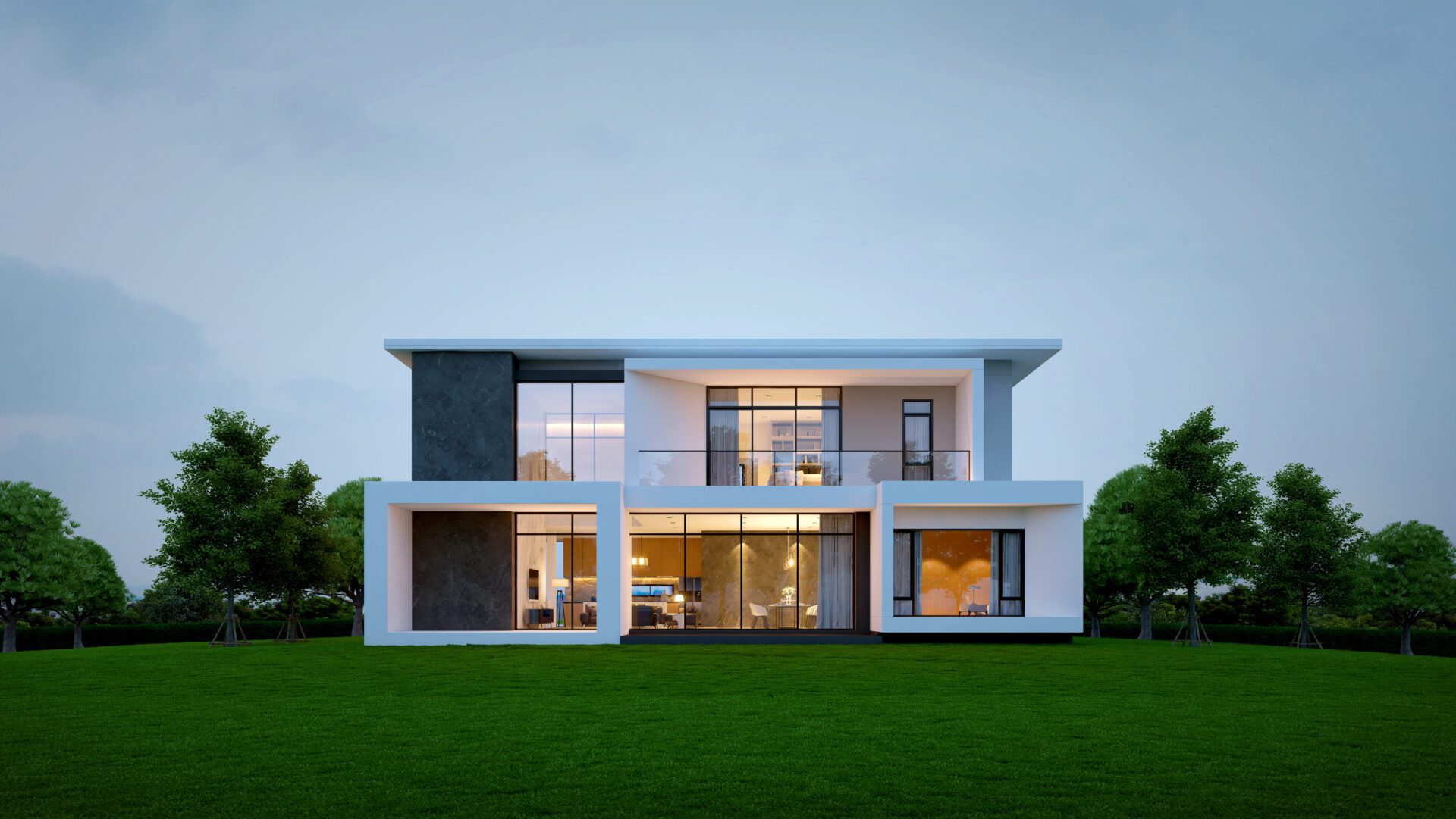 Modern house exterior evening view with interior lighting.3d rendering Modern two-story house with large windows.